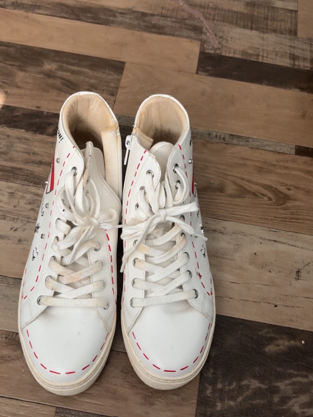 Aldo White High-Top Sneakers with Red Stitch Detailing